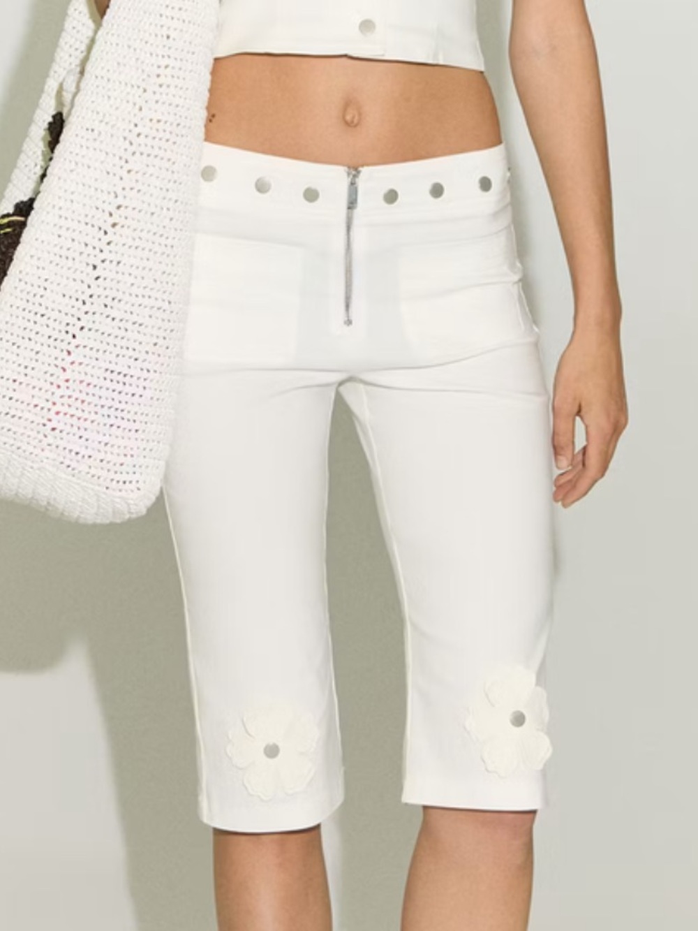 Seidres x Mango white Capri pants with floral detailing